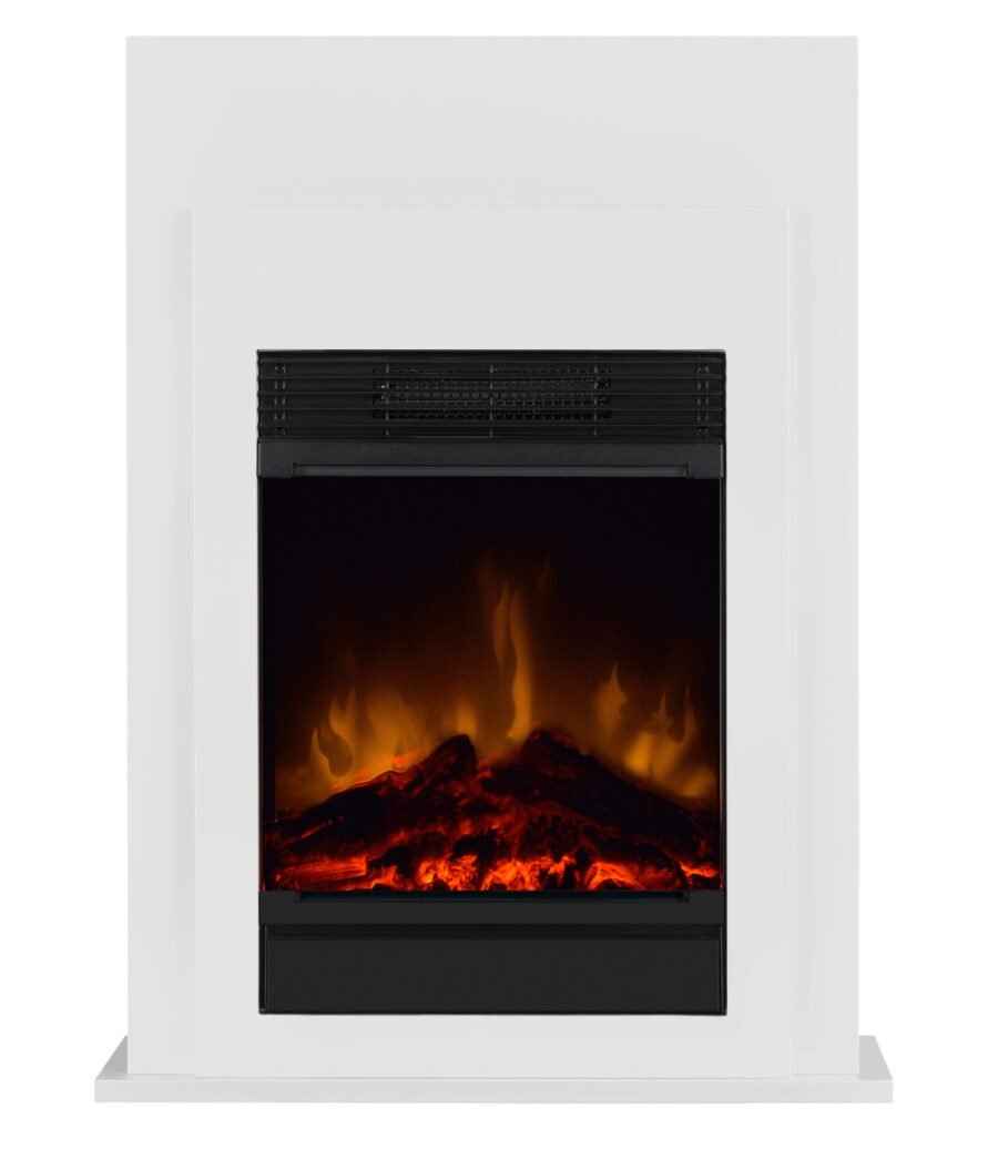 Dimplex Bellini elektrische haard met witte omlijsting en realistisch vlameffect.