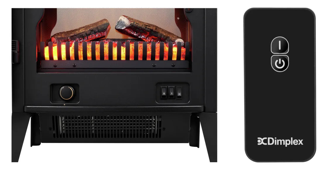 Dimplex Lucia elektrische haard met gloeiende houtblokken en afstandsbediening.