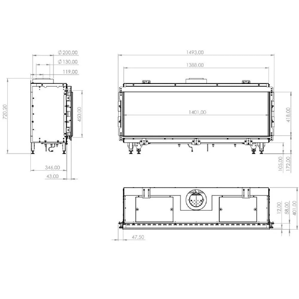 Technische tekening van Element4 Summum 140 front Bio met gedetailleerde afmetingen en aansluitpunten.
