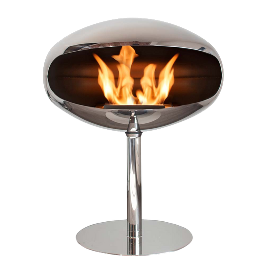 Cocoon Fires Pedestal RVS haard met vlammen op witte achtergrond