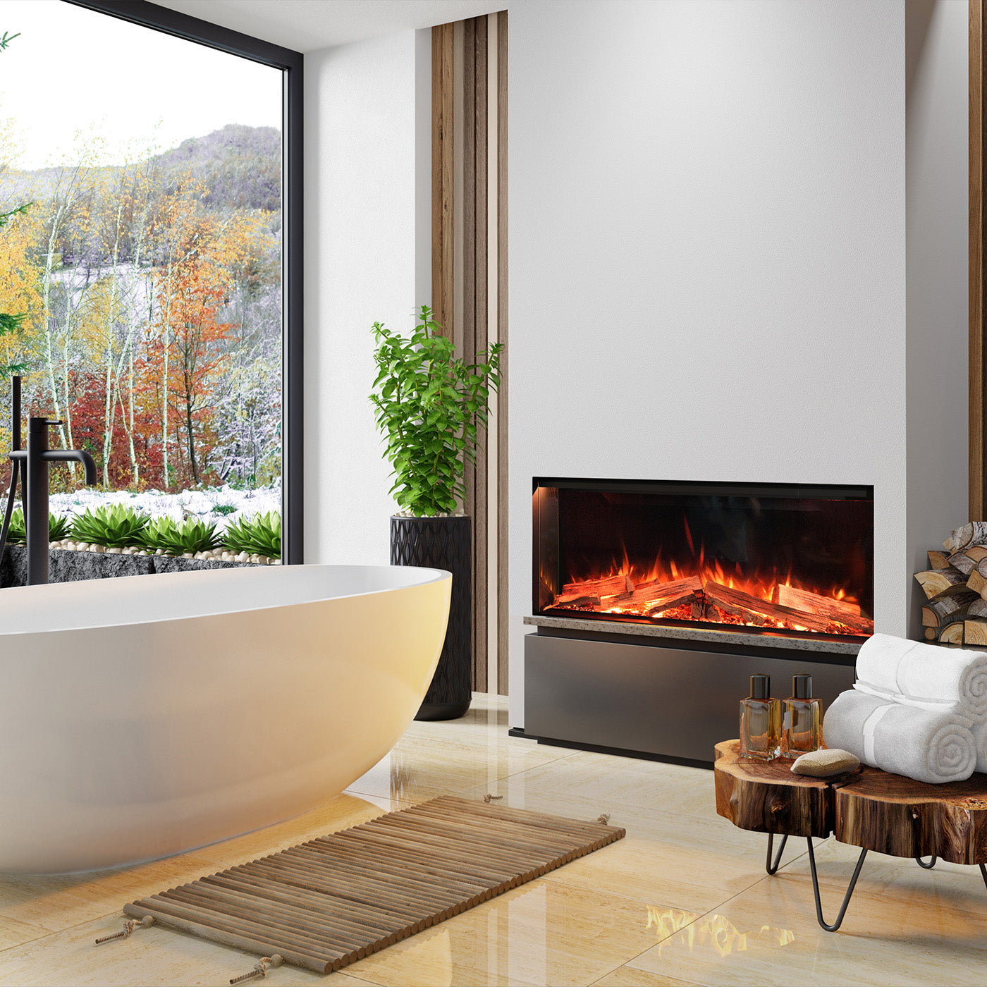 Moderne badkamer met Element4 Elite 100 E Supreme haard, vrijstaand bad en groot raam met uitzicht.
