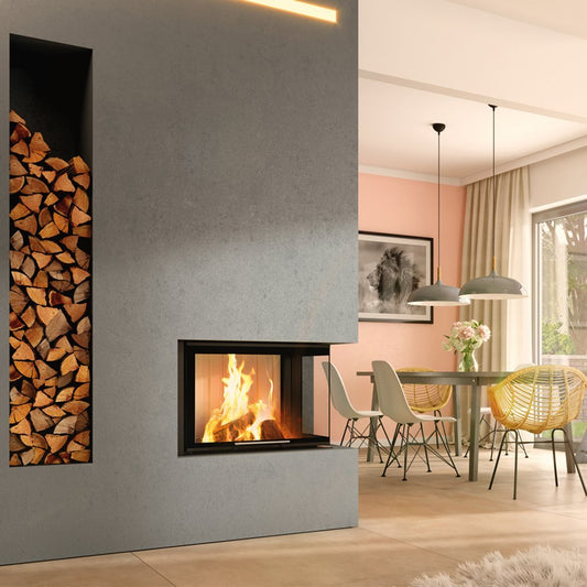 Spartherm Linear Corner 68x40x50 in moderne woonkamer met brandend haardvuur
