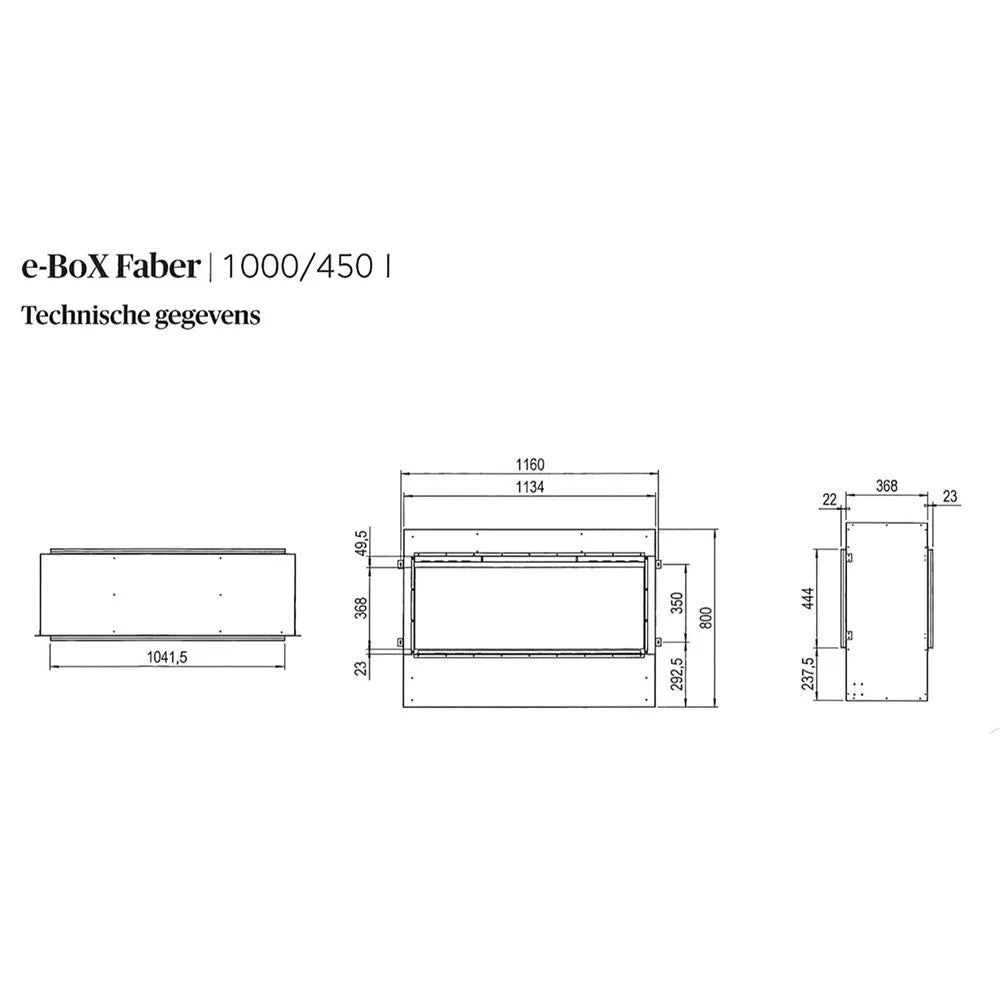 Technische tekening van Faber e-BoX 1000/450 I Front met afmetingen en specificaties.