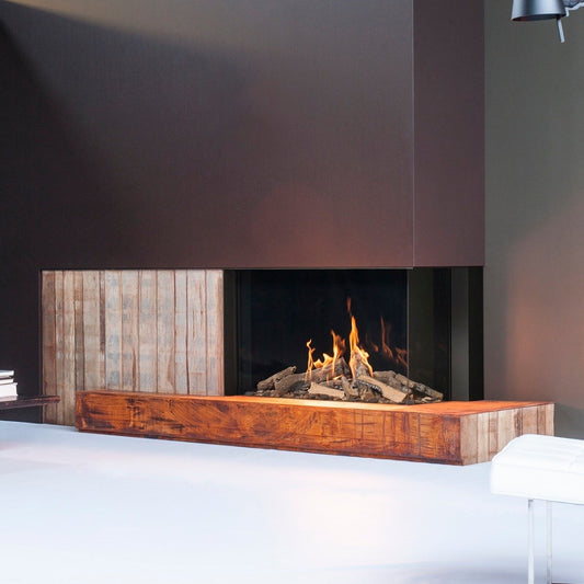 Faber Matrix 1050/650 II Hoek ingebouwd in moderne woonkamer met haardvuur