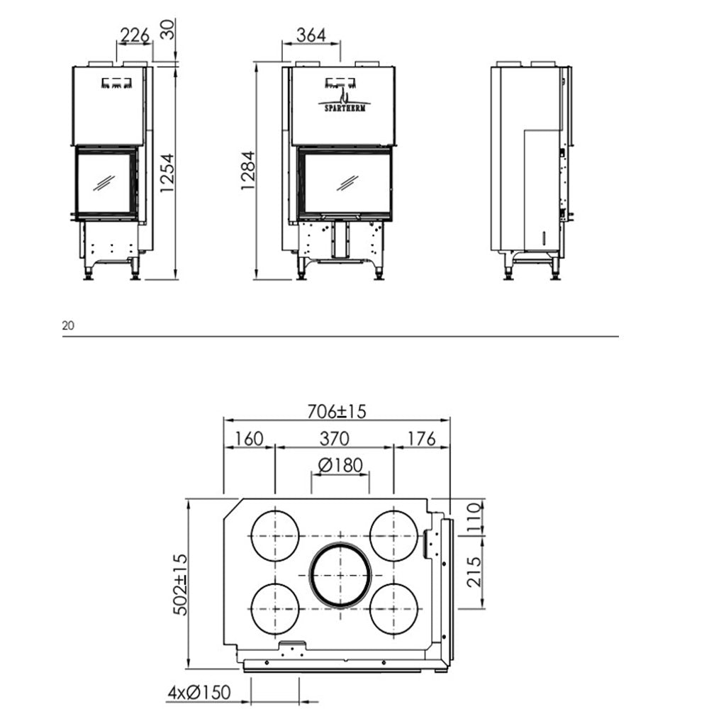 Spartherm Linear Corner 59x39x44 technische maattekening