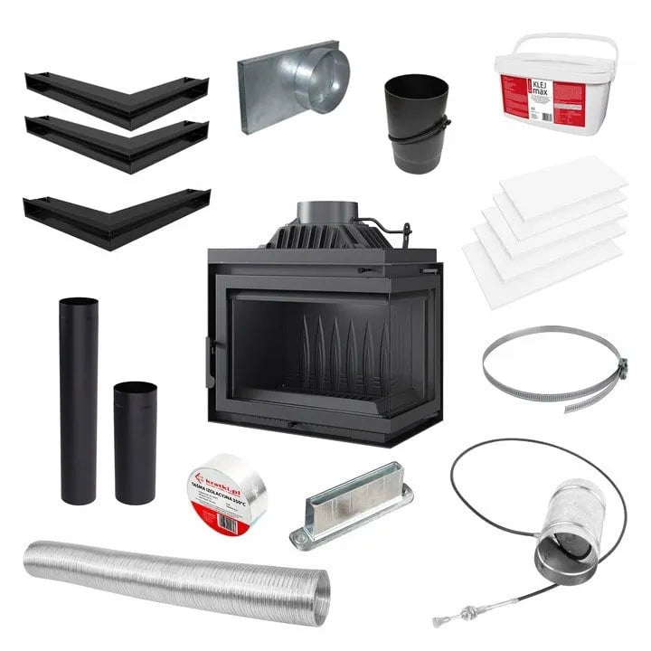 Kratki Simple M 10 kW Rechts haard met installatie-accessoires en verbindingsstukken.