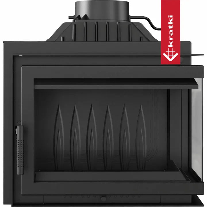 Kratki Simple M 10 kW Rechts, moderne zwarte houtkachel met glazen zijpaneel en strak ontwerp.