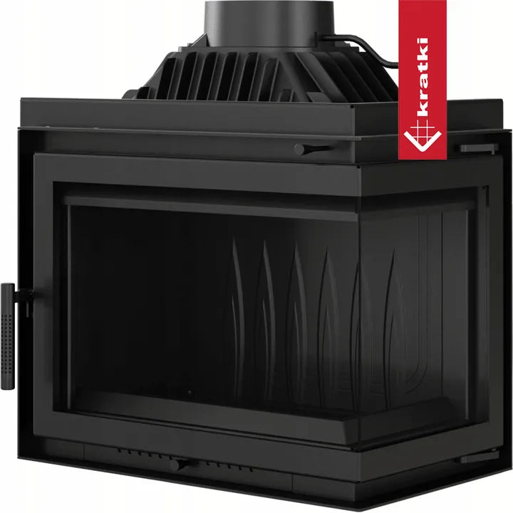 Zwarte Kratki Simple M 10 kW Rechts houtkachel met glazen deur en zijpaneel.