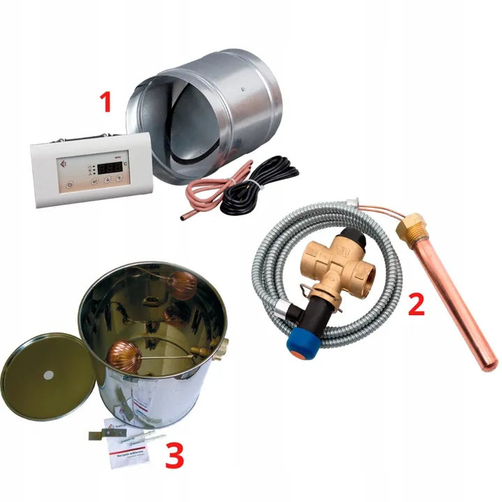 Kratki Zuzia CV onderdelen: thermostaat, klep, kabels, koperen buis, metalen container, accessoires.