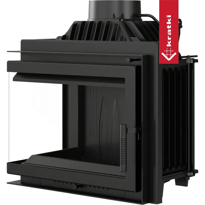 Zwarte Kratki Simple M 10 kW Links houtkachel met glazen zijpaneel en strak ontwerp.