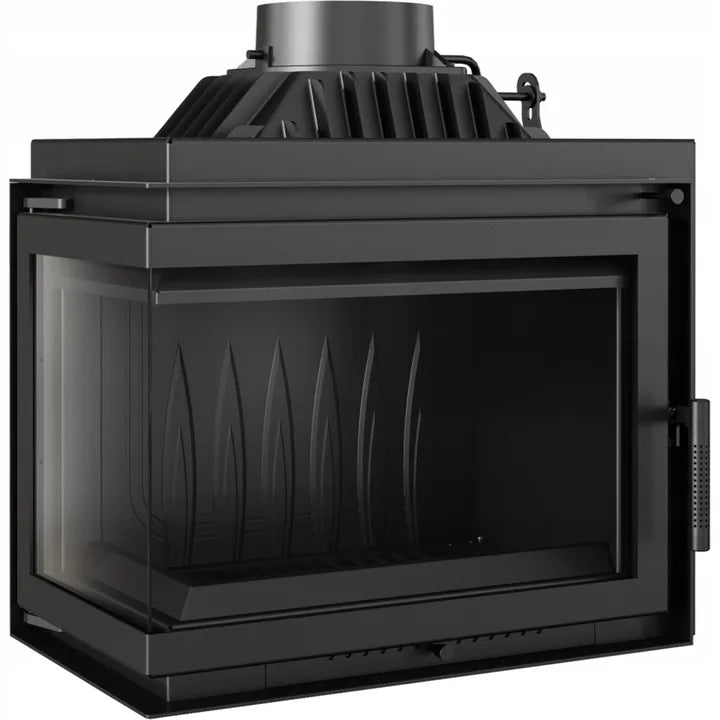 Kratki Simple M 10 kW Links, moderne zwarte houtkachel met glazen zijpaneel.