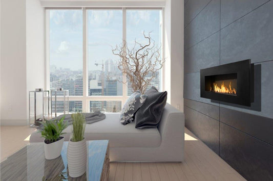 Icon Fires Nero Wall Frame 1150 in moderne woonkamer met ingebouwde vlammen