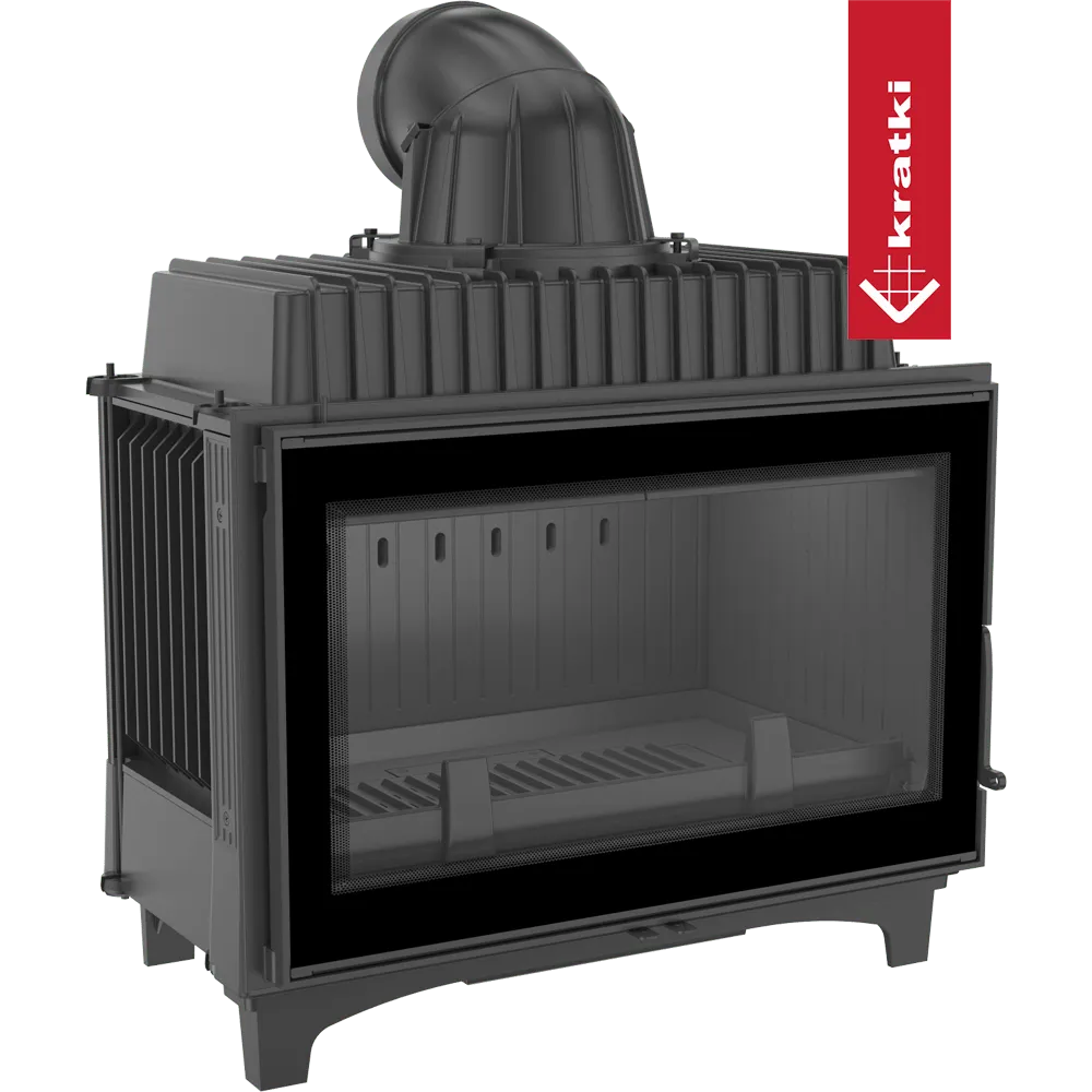Zwarte houtkachel Kratki Franek 14 kW met glazen deur en bovenste rookafvoer.
