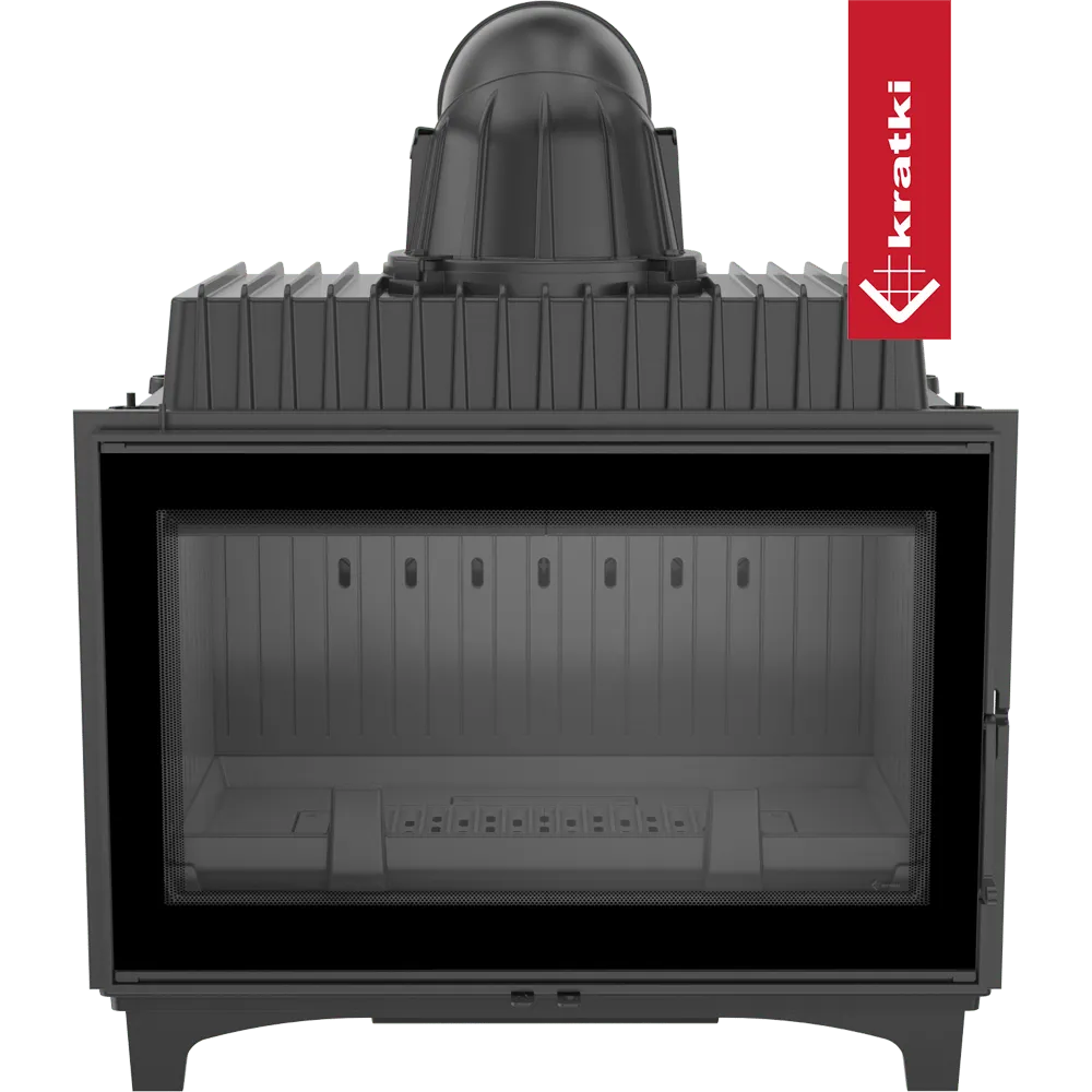 Kratki Franek 14 kW houtkachel met glazen deur en robuuste metalen constructie.