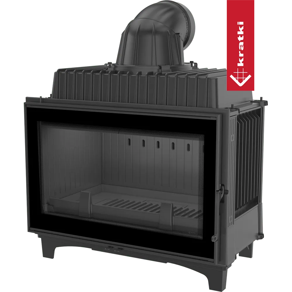 Zwarte houtkachel Kratki Franek 14 kW met glazen deur en bovenste rookafvoer.