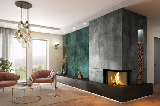 Spartherm Premium Corner 68x40x50 in moderne woonkamer met brandend hoekhaard