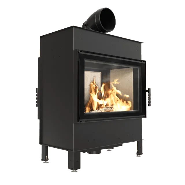 Kratki Lucy 14 kW Tunnel houtkachel met zichtbare vlammen, zwart metalen behuizing en glazen deur.