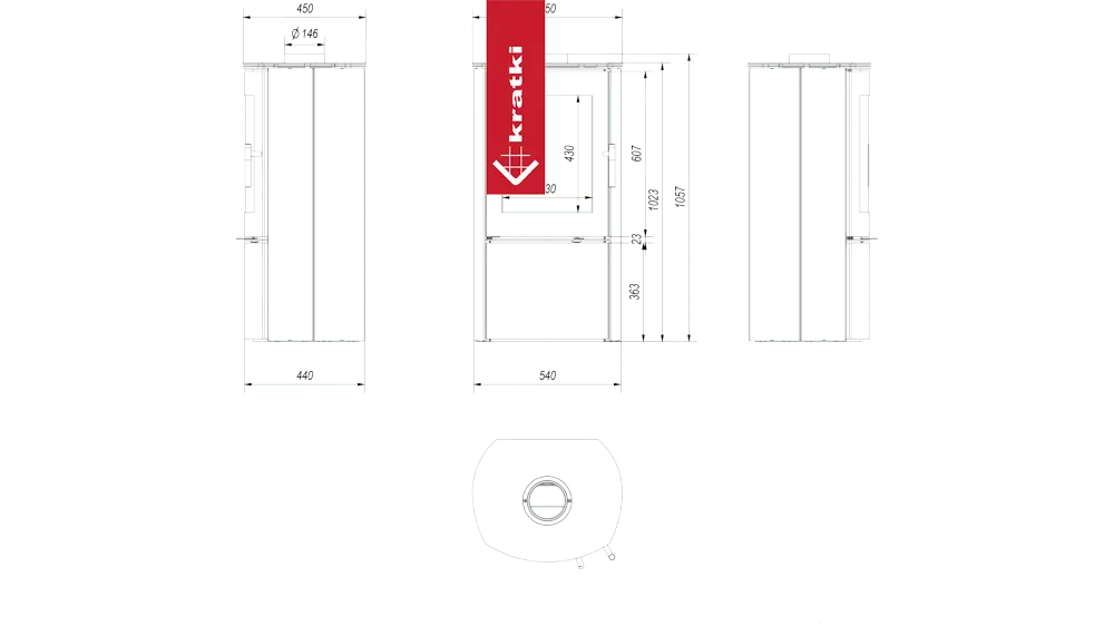 Technische tekening van Kratki Falcon met gedetailleerde afmetingen en doorsneden.