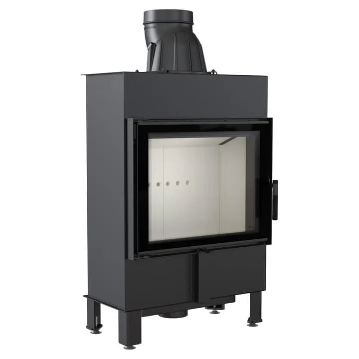 Zwarte, vrijstaande houtkachel Kratki Lucy 12 kW Slim met glazen deur en bovenste rookafvoer.