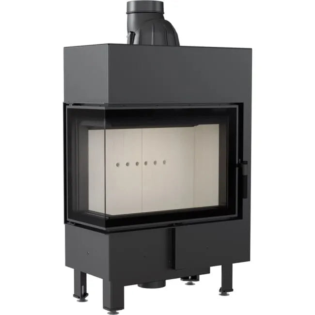Zwarte Kratki Lucy 12 kW Slim Links houtkachel met glazen deur en moderne uitstraling.