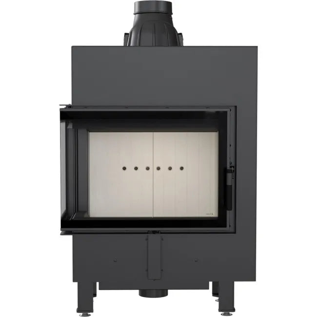 Zwarte Kratki Lucy 12 kW Slim Links houtkachel met glazen deur en witte binnenkant.