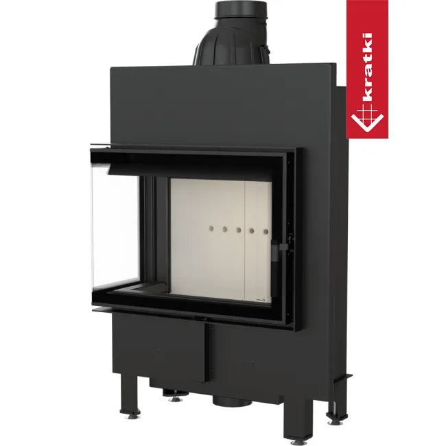 Kratki Lucy 12 kW Slim Links, moderne zwarte inbouwhaard met glazen deur en zijpaneel.