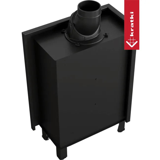 Zwarte Kratki Lucy 12 kW Slim Links houtkachel met bovenafvoer en vier poten.