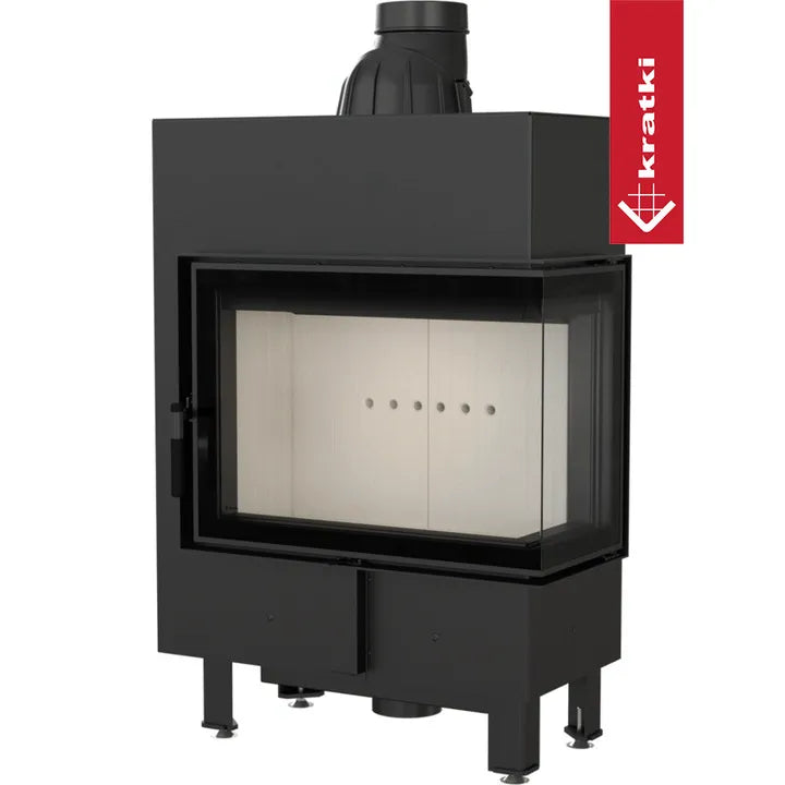 Kratki Lucy 12 kW Slim Rechts, moderne hoekhaard met glazen zijpaneel en zwart metalen afwerking.