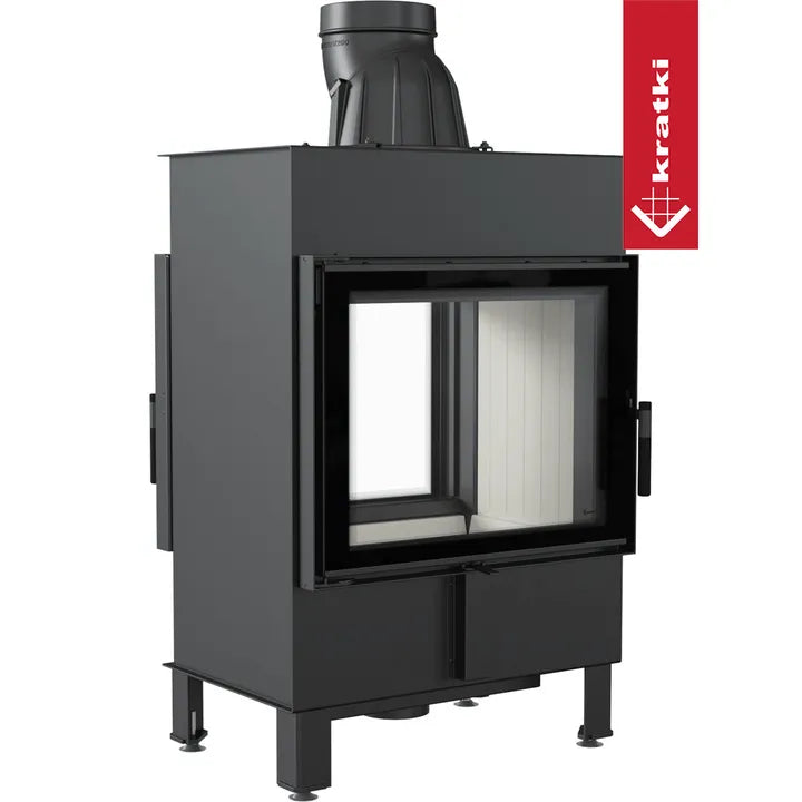 Kratki Lucy 12 kW Tunnel houtkachel met dubbele glazen deuren en zwart metalen behuizing.