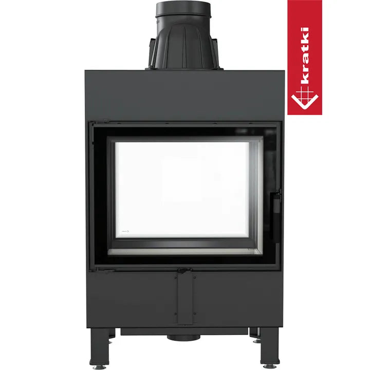 Kratki Lucy 12 kW Tunnel houtkachel met glazen deur en zwart metalen behuizing.