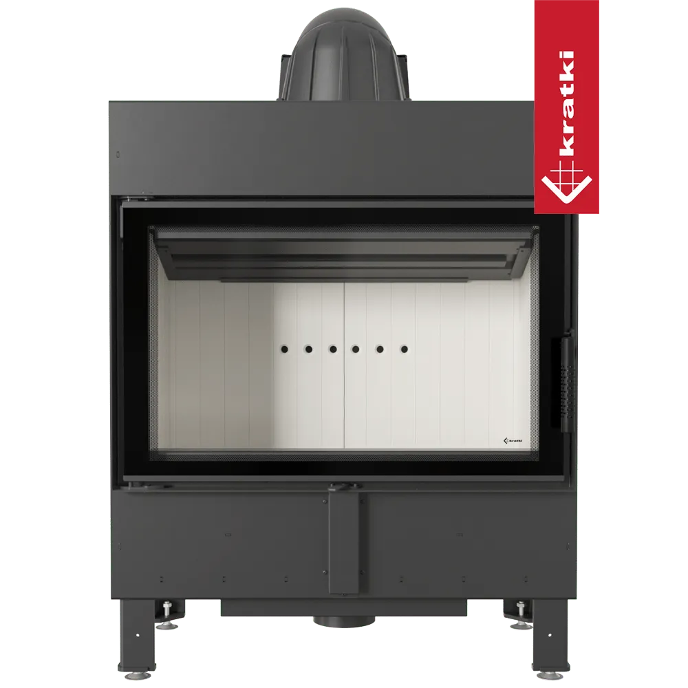 Kratki Lucy 14 kW houtkachel met een strak, modern ontwerp en groot glazen venster.