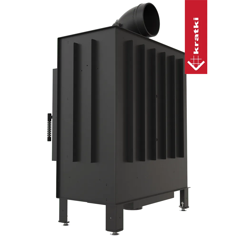 Zwarte Kratki Lucy 14 kW houtkachel met verticale ventilatieopeningen en bovenste rookafvoer.