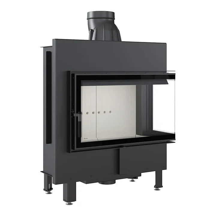 Kratki Lucy 14 kW Rechts, moderne hoekhaard met glazen zijpaneel en zwart metalen afwerking.