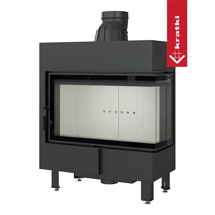 Kratki Lucy 14 kW Rechts, moderne zwarte houtkachel met glazen deur en bovenste rookafvoer.