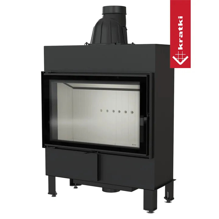 Kratki Lucy 14 kW Slim, moderne zwarte houtkachel met glazen deur en strakke lijnen.