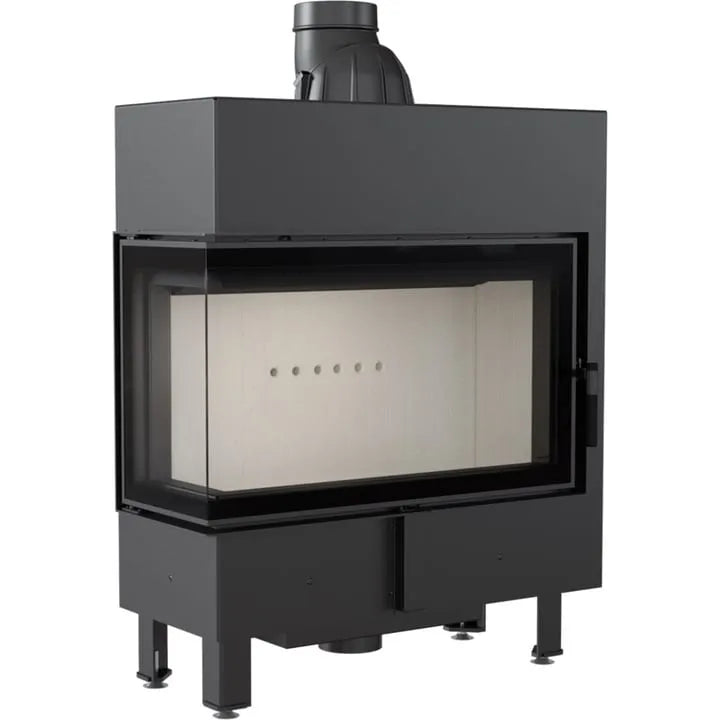 Kratki Lucy 14 kW Slim Links, moderne zwarte houtkachel met glazen deur en strakke lijnen.