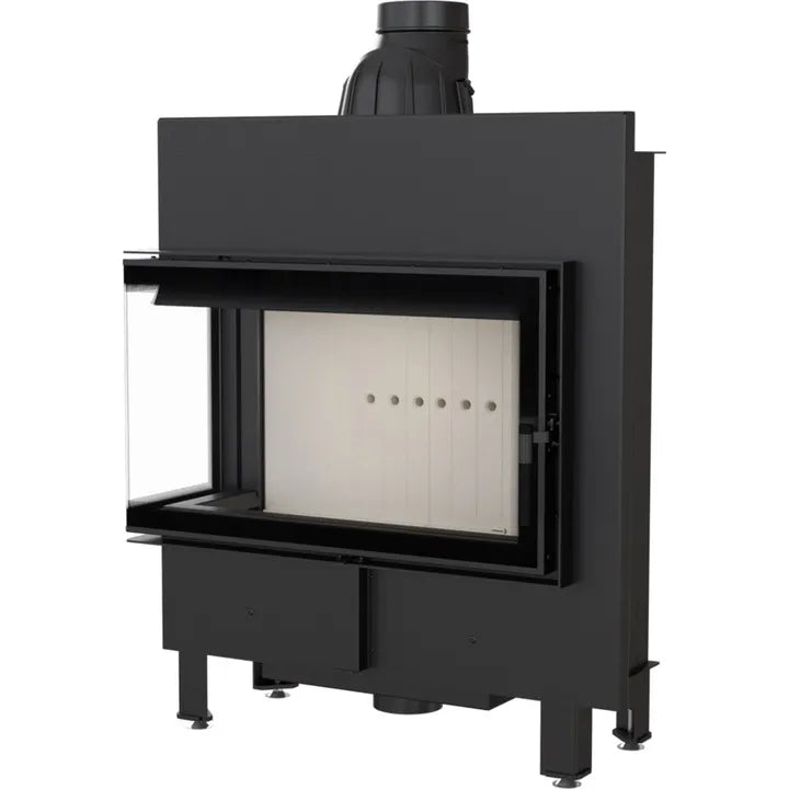 Kratki Lucy 14 kW Slim Links, moderne inbouwhaard met glazen hoekdeur en zwart metalen afwerking.