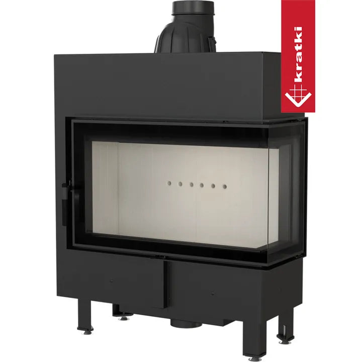 Kratki Lucy 14 kW Slim Rechts, moderne zwarte houtkachel met glazen zijpaneel rechts.