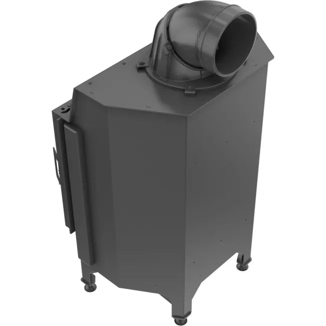 Zwarte Kratki Nadia 10 kW houtkachel met bovenafvoer en stevige metalen constructie.