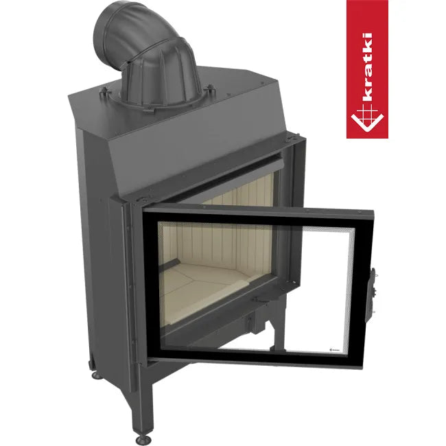 Kratki Nadia 10 kW houtkachel met open glazen deur en metalen afwerking.
