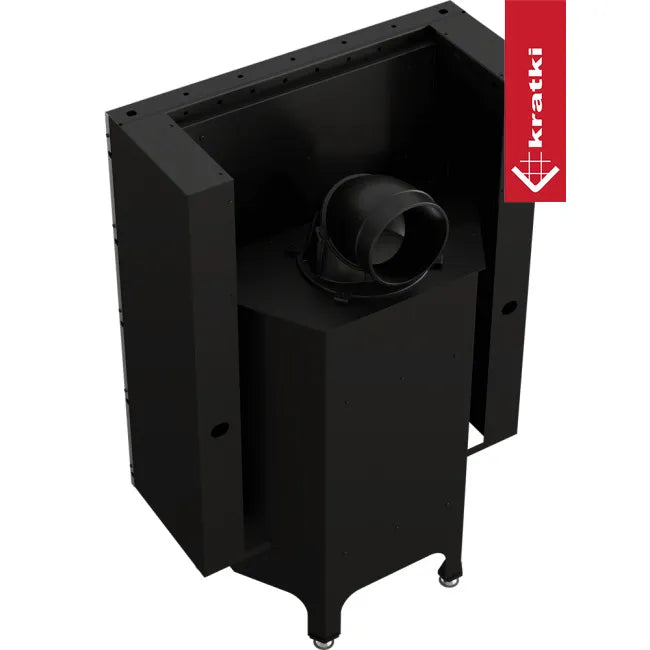 Zwarte Kratki Nadia 10 kW houtkachel met modern ontwerp en efficiënte verbrandingskamer.