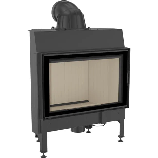 Zwarte Kratki Nadia 12 kW houtkachel met glazen deur en metalen afvoerpijp.