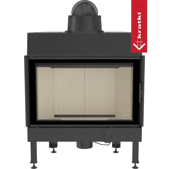 Kratki Nadia 12 kW houtkachel met glazen deur en zwart metalen frame.