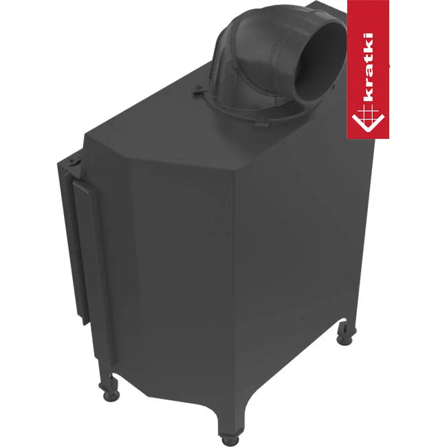 Zwarte Kratki Nadia 12 kW houtkachel met bovenafvoer en vier poten.