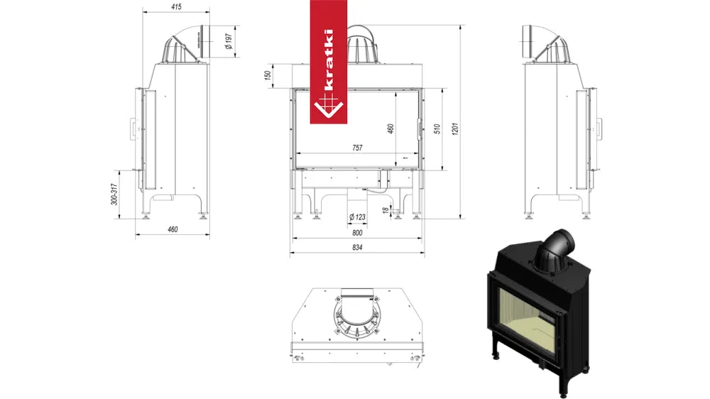 Technische tekening en foto van Kratki Nadia 12 kW houtkachel met afmetingen.