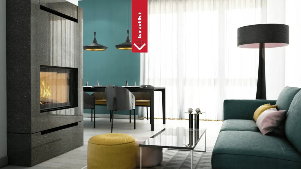 Moderne woonkamer met Kratki Nadia 12 kW haard, groene bank en gele poef.