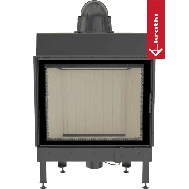 Kratki Nadia 13 kW houtkachel met glazen deur en zwart metalen frame.