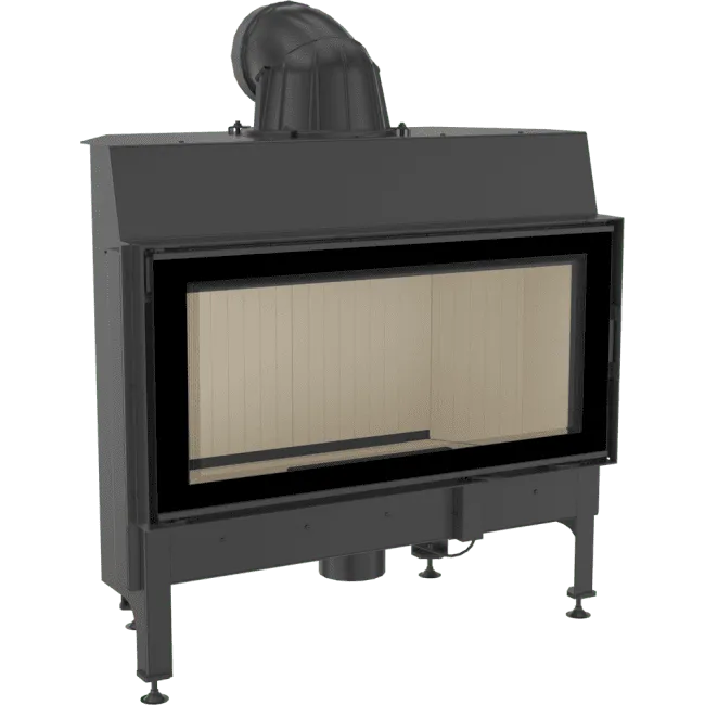Zwarte Kratki Nadia 14 kW houtkachel met glazen deur en metalen afvoerpijp.