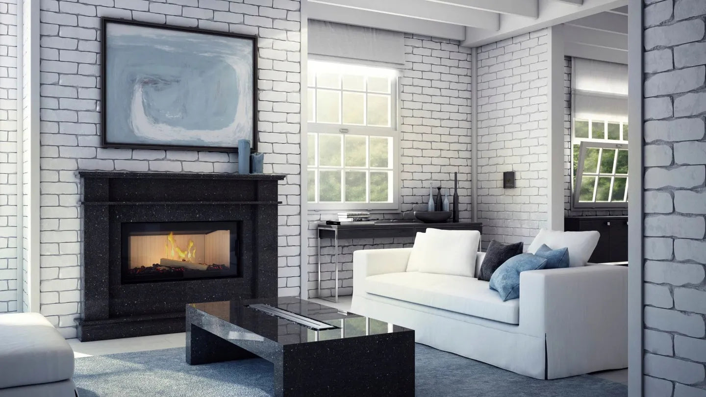 Moderne woonkamer met Kratki Nadia 14 kW haard, witte bakstenen muren en stijlvolle inrichting.