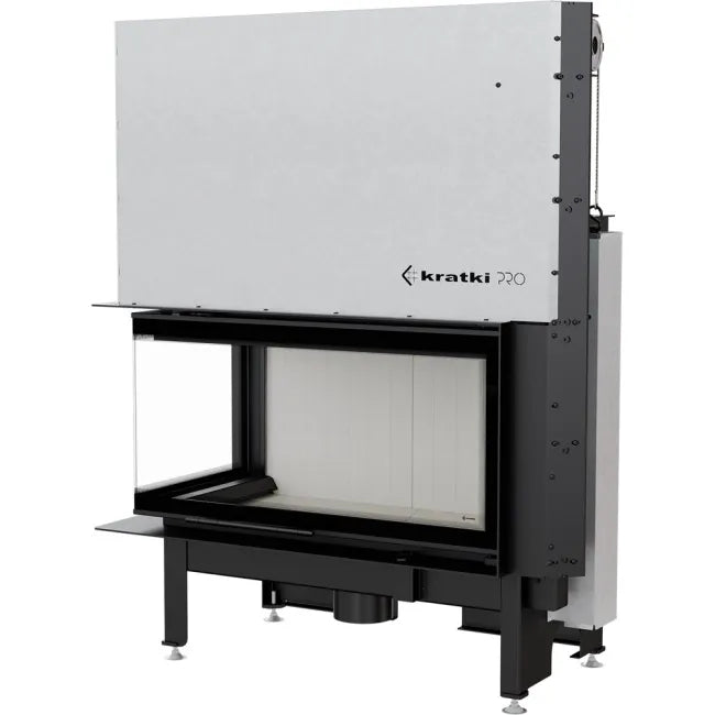 Kratki Nadia 14 kW Links, moderne inbouwhaard met glazen zijpaneel en strak ontwerp.